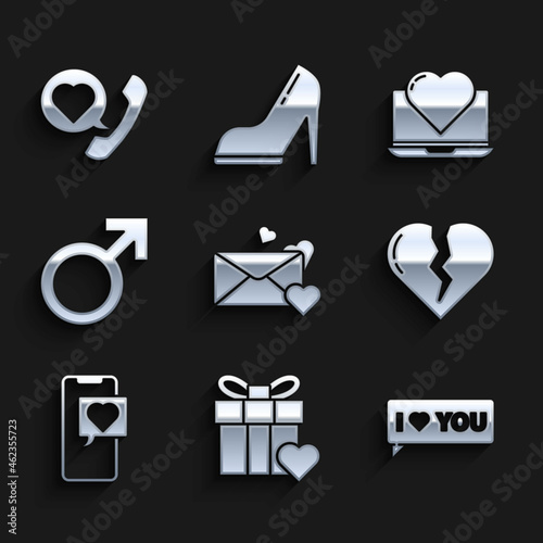 Set Envelope with heart, Gift box and, Speech bubble I love you, Broken or divorce, Smartphone speech, Male gender symbol, Laptop and Telephone icon. Vector