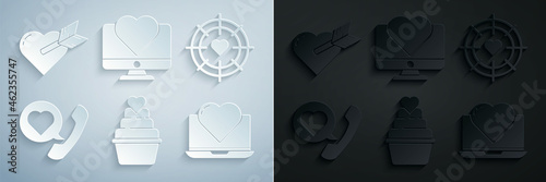 Set , Heart in the center of darts target aim, Telephone with heart speech bubble, Laptop, Computer monitor and Amour and arrow icon. Vector