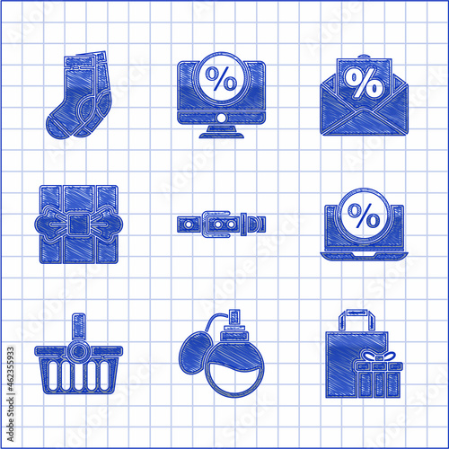 Set Leather belt, Perfume, Gift box, Percent discount and laptop, Shopping basket, Envelope with interest and Socks icon. Vector