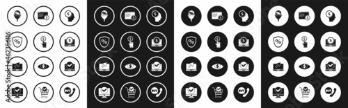 Set Business man planning mind, Hand holding coin, Loan percent, Lead management, Laptop with dollar, Online shopping on screen, and cursor icon. Vector