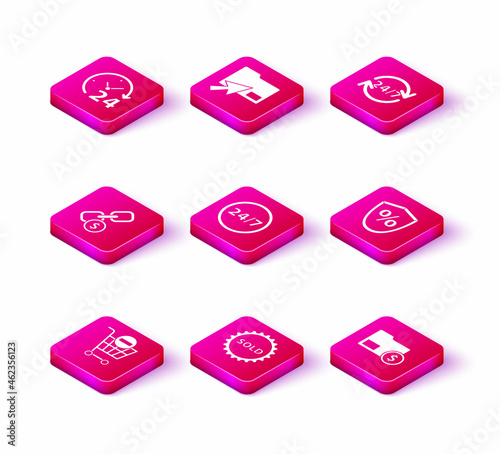 Set Remove shopping cart, Sold label, Chain link and coin, Clock 24 hours, Envelope with dollar, Loan percent, and Cursor click document folder icon. Vector