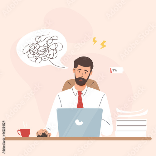 Tired frustrated young man businessman in psychological stress in the office