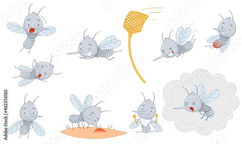 Cute funny baby mosquitoes set. Adorable parasitic insects cartoon characters vector illustration