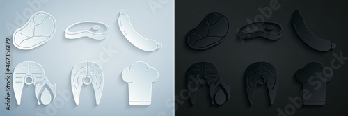 Set Fish steak, Sausage, Grilled fish and fire flame, Chef hat, Steak meat and icon. Vector
