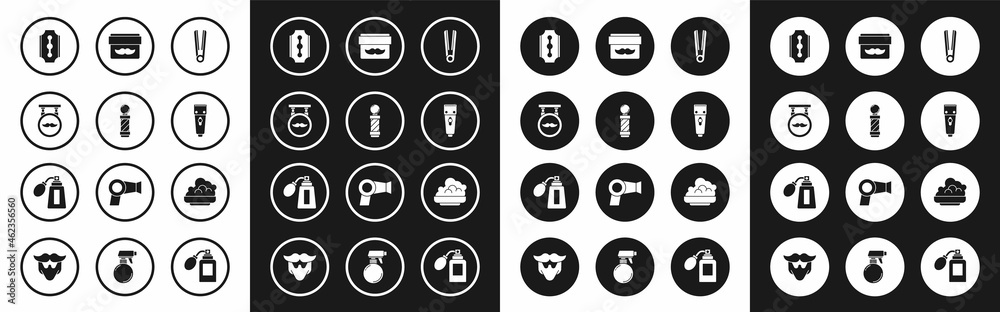 Set Curling iron for hair, Classic Barber shop pole, Barbershop, Blade razor, Electrical clipper shaver, Cream lotion cosmetic jar, Shaving gel foam and Aftershave bottle with atomizer icon. Vector Set Curling iron for hair, Classic Barber shop pole, Barbershop, Blade razor, Electrical clipper shaver, Cream lotion cosmetic jar, Shaving gel foam and Aftershave bottle with atomizer icon. Vector