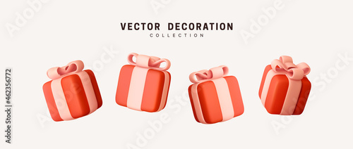 Set of realistic 3d gifts box. Holiday decoration presents. Festive gift surprise. Decor Isolated boxes. Vector illustration photo