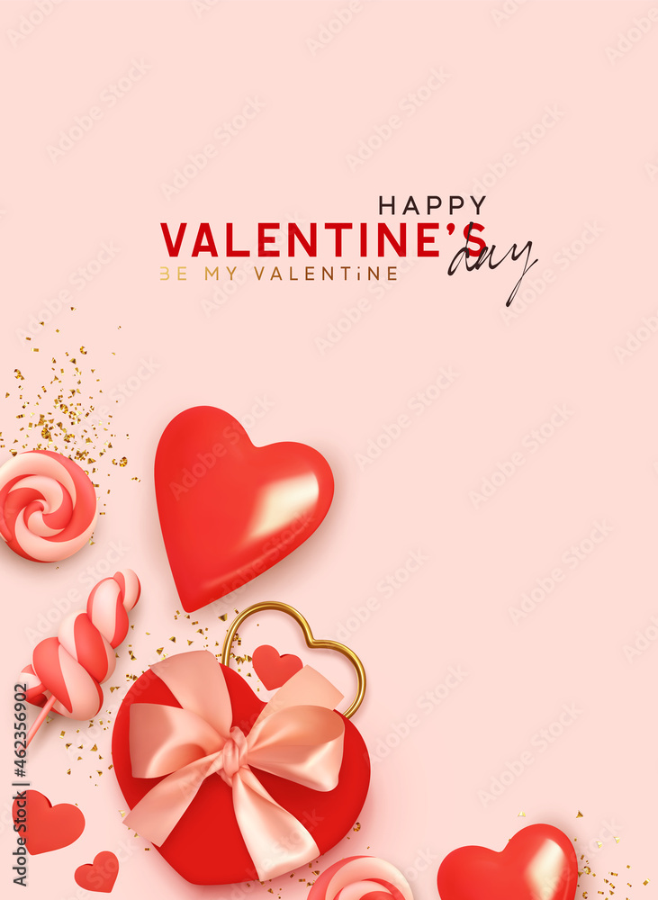 Happy Valentines Day. Realistic 3d design of festive objects red gift box, heart shaped candies, gold confetti. Holiday banner, web poster, flyer, stylish brochure, greeting card, Vector illustration