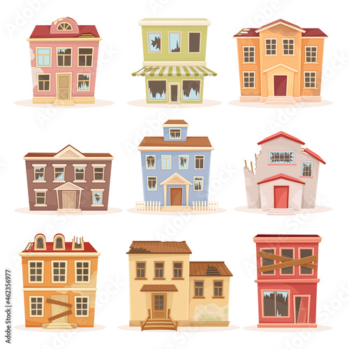 Facades of abandoned two storey houses with broken windows set. Old suburban cottages cartoon vector illustration