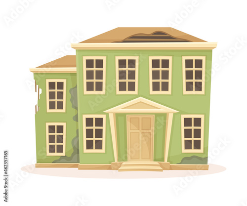 Old abandoned two storey house with broken roof. Old suburban building cartoon vector illustration