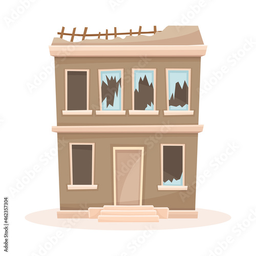 Abandoned two storey house with broken windows and roof. Facade of old two storey decaying building cartoon vector illustration