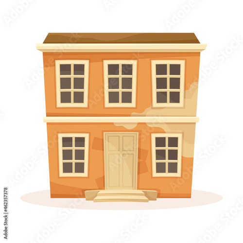 Old two storey house facade. Decaying suburban cottage cartoon vector illustration