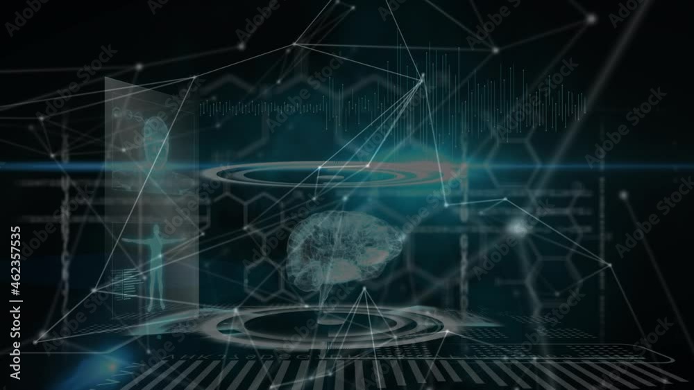 Animation of network of connections and data processing on black background Animation of network of connections and data processing on black background