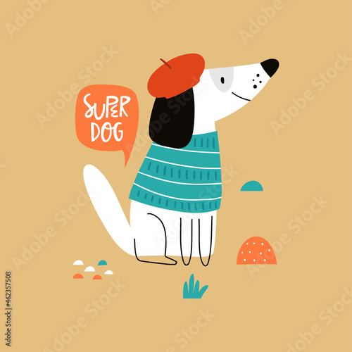 Vector illustration with funny dog. Flat cartoon vector illustration.Web
