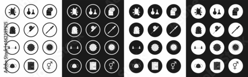 Set Bottle with virus, Syringe and, Rabies, Bar of soap, Pipette, Test tube flask, Virus and Safe distance icon. Vector