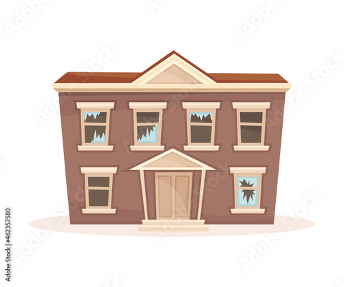 Facade of old residential suburban cottage with broken windows cartoon vector illustration