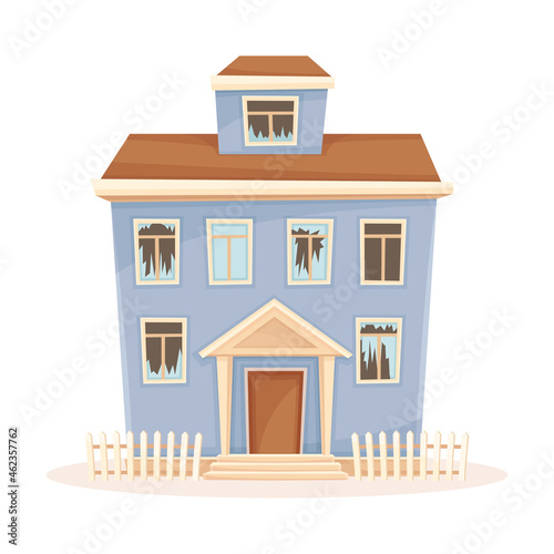 Residential suburban cottage with broken windows. Facade of old decaying building cartoon vector illustration