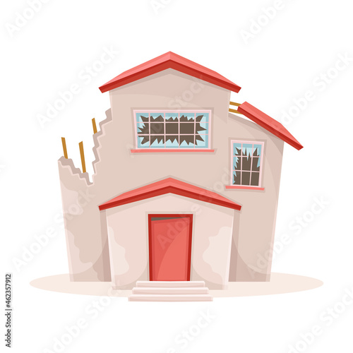 Abandoned decaying suburban cottage cartoon vector illustration on white background