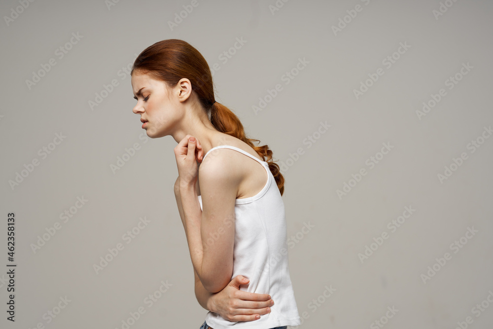 Fototapeta premium sick woman groin pain intimate illness gynecology isolated background