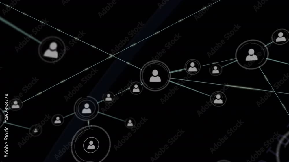 Animation of networks of connections with icons over black background Animation of networks of connections with icons over black background