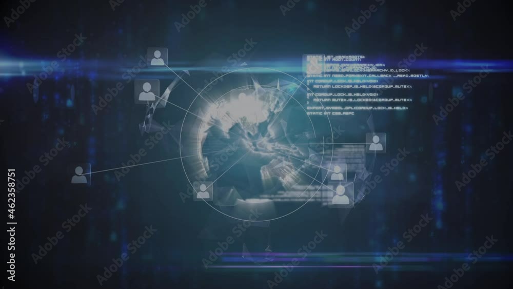 Animation of data processing and networks of connections with icons and globe over black background Animation of data processing and networks of connections with icons and globe over black background