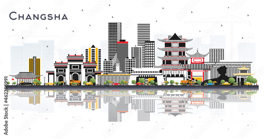 Changsha China City Skyline with Gray Buildings and Reflections Isolated on White.