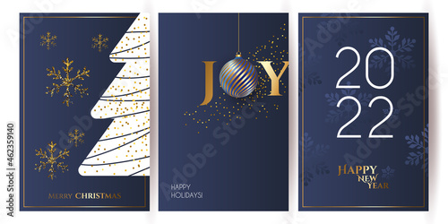 set of Luxury Elegant Merry Christmas and happy new year Poster Template cards, Gold Snowflakes and balls on blue background. Vector illustration. Snowflake frame and sparkles. Gold christmas balls.