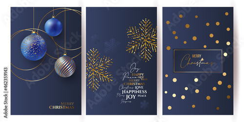 set of Luxury Elegant Merry Christmas and happy new year Poster Template cards, Gold Snowflakes and balls on blue background. Vector illustration. Snowflake frame and sparkles. Gold christmas balls.