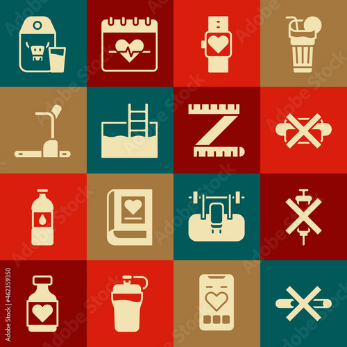 Set No Smoking, doping syringe, junk food, Smart watch, Swimming pool with ladder, Treadmill machine, Paper package for milk and Tape measure icon. Vector