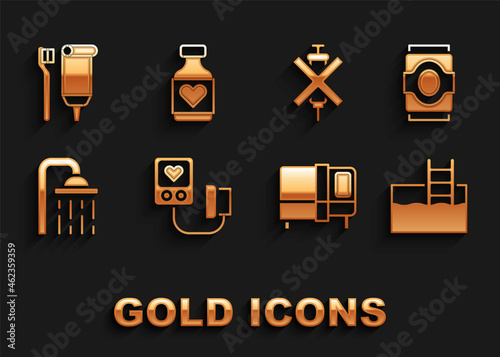 Set Blood pressure, Soda can, Swimming pool with ladder, Bed, Shower head, No doping syringe, Toothbrush and toothpaste and Vitamin pill icon. Vector
