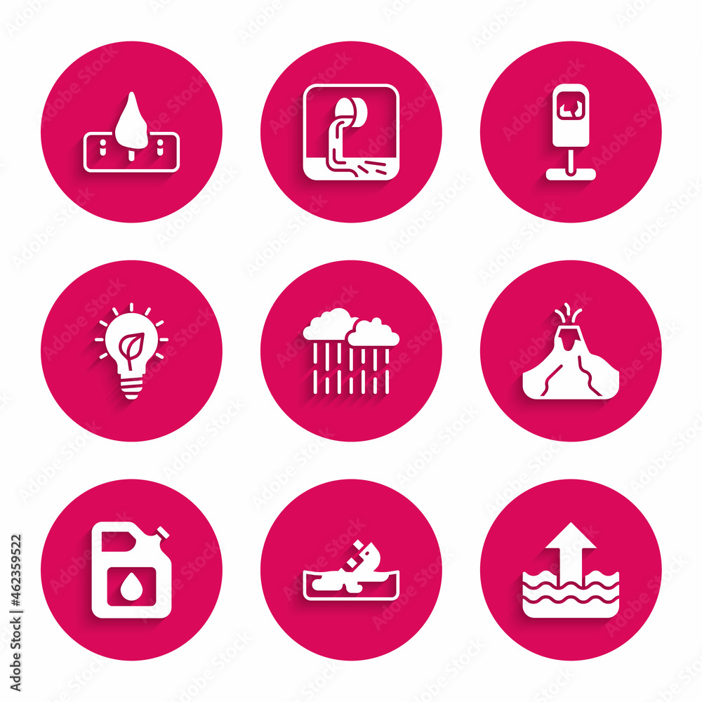 Set Cloud with rain, Wrecked oil tanker ship, Rise water level, Volcano eruption lava, Canister for gasoline, Light bulb leaf, Trash and Deforestation icon. Vector Set Cloud with rain, Wrecked oil tanker ship, Rise water level, Volcano eruption lava, Canister for gasoline, Light bulb leaf, Trash and Deforestation icon. Vector
