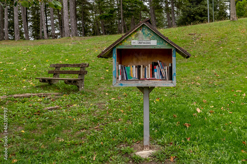 A small wooden public library, in a public park in Lizzano in Belvedere, Bologna, Italy photo