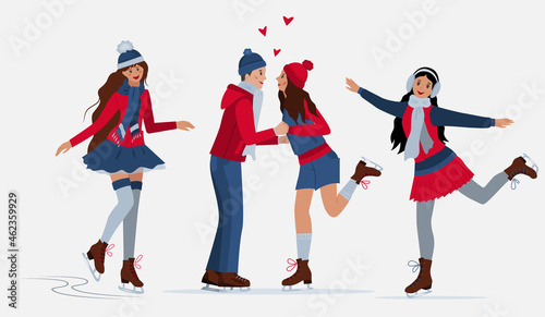 A set of people skating. A type of winter leisure. New Year's holidays. Vector