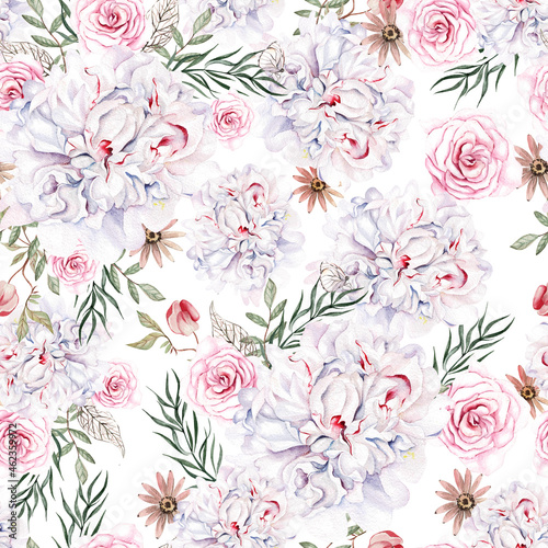 Beautiful watercolor seamless pattern with roses and peony flowers. © knopazyzy