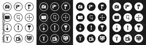 Set Wooden axe, Clamp and screw tool, Bricks, Laptop service, Wheel wrench, Electric drill machine, Putty knife and Shovel icon. Vector