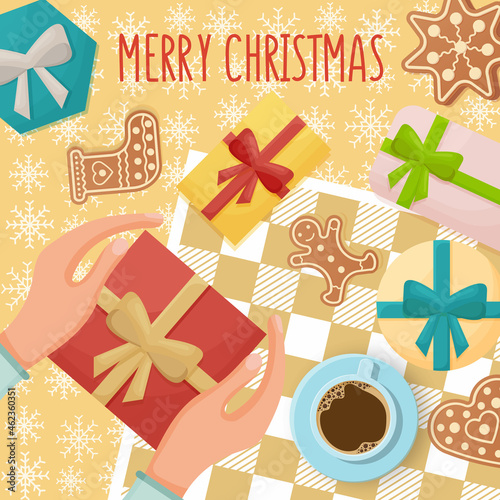 Happy holidays. top view of Christmas celebration table
