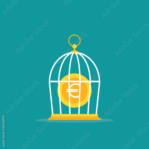 Locked golden bird cage and golden euro coin. Trap, imprisonment, jail concept.