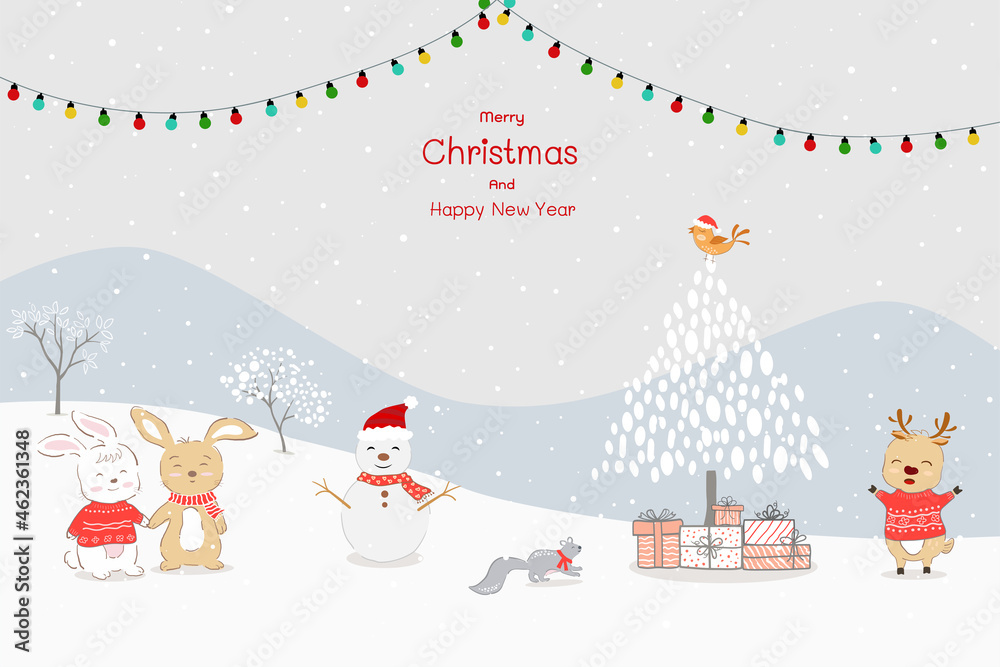 Merry Christmas and Happy new year greeting card with cute animals happy on winter