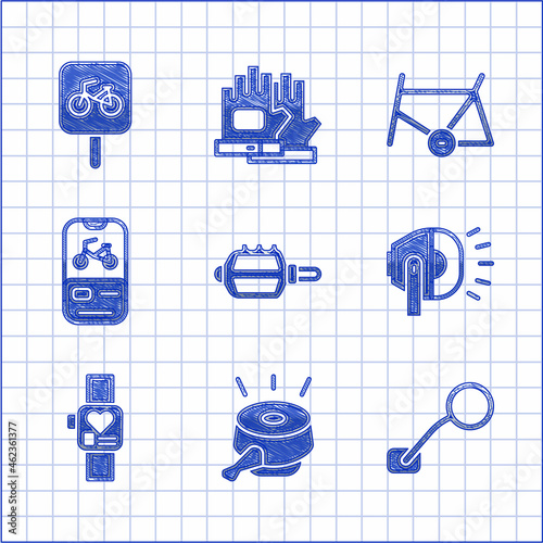 Set Bicycle pedal, bell, rear view mirror, head lamp, Smart watch, rental mobile app, frame and parking icon. Vector