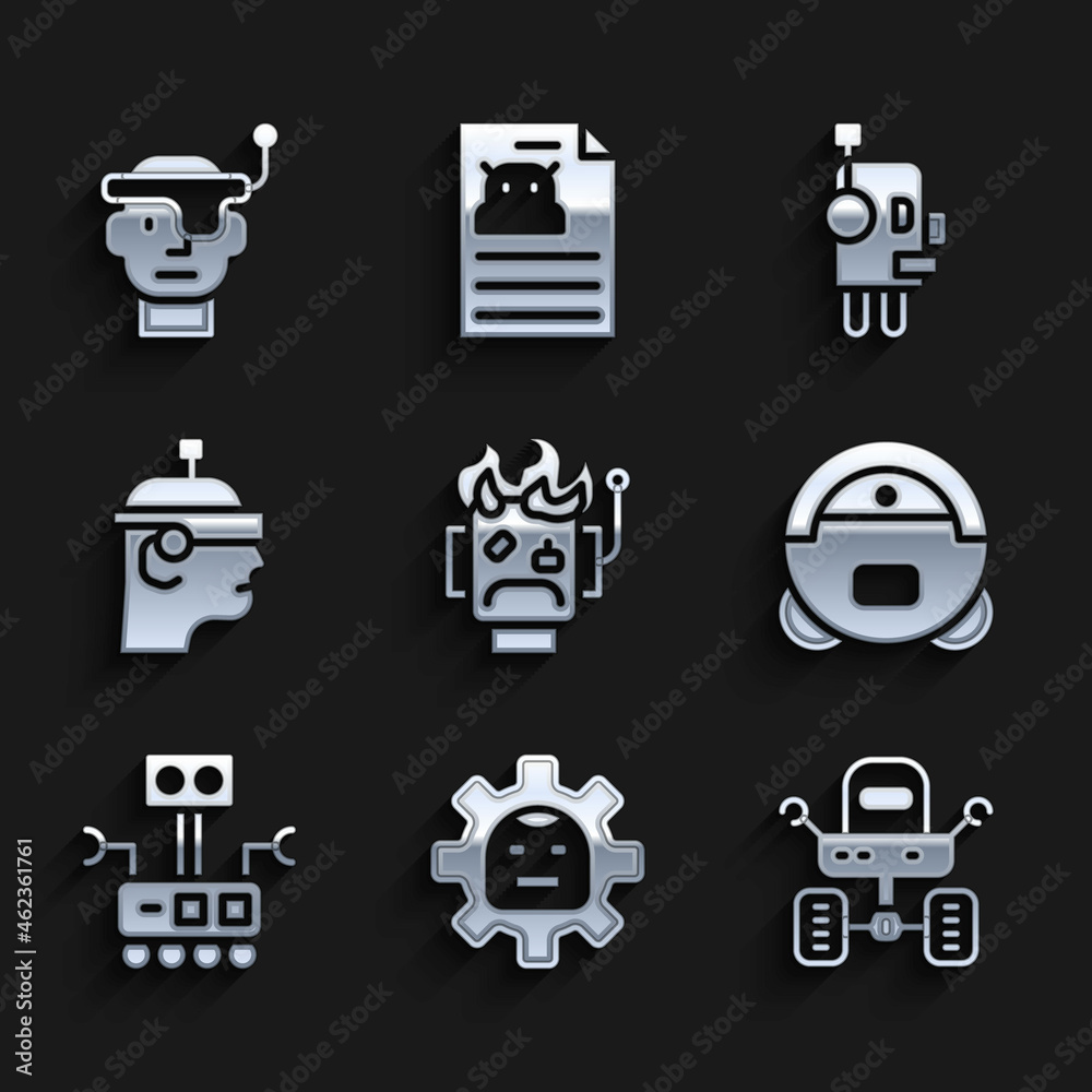Set Robot burned out, Mars rover, vacuum cleaner, Smart glasses, and icon. Vector Set Robot burned out, Mars rover, vacuum cleaner, Smart glasses, and icon. Vector