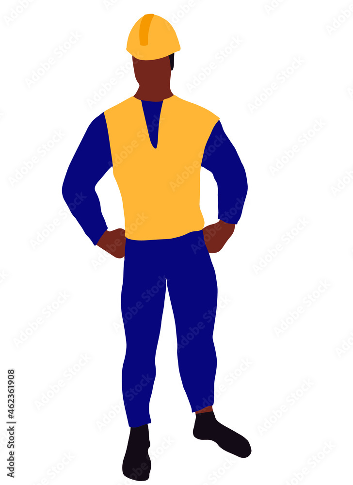 Builder man or engineer standing  in professional uniform, helmet and dungarees. Repair service, laborer or constructor work. Flat vector cartoon illustration isolated on white background.