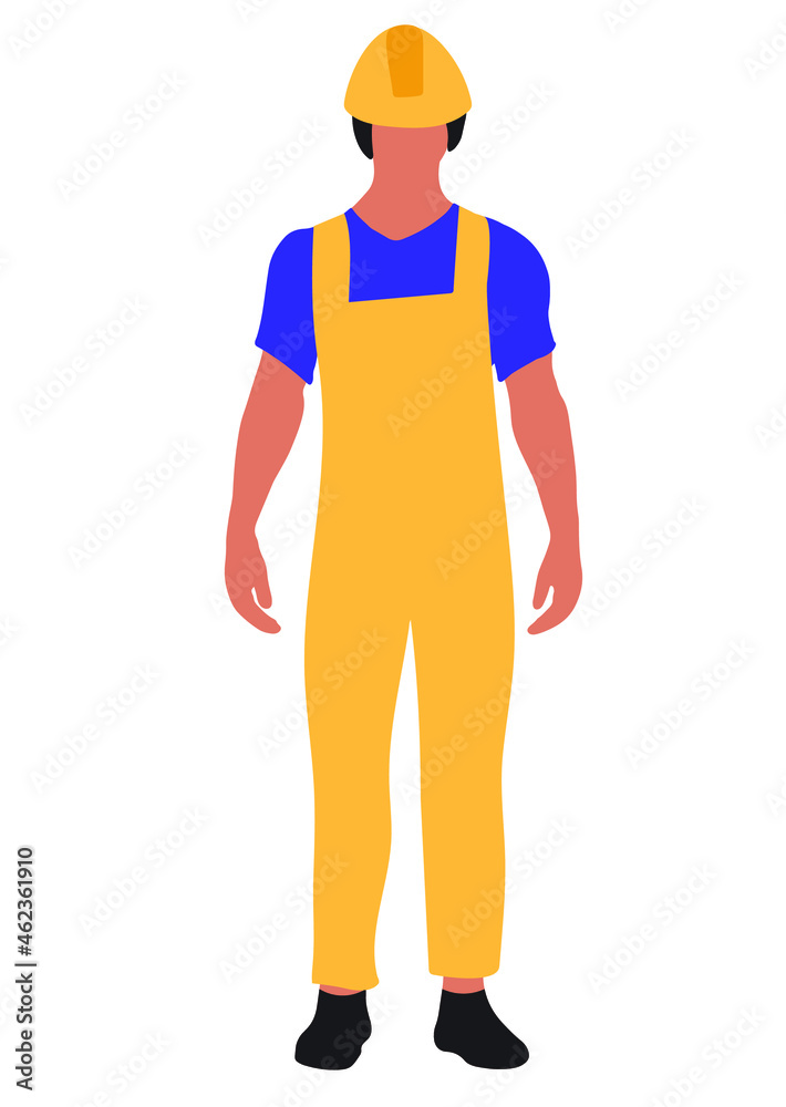 Builder man or engineer standing in professional uniform, helmet and dungarees. Repair service, laborer or constructor work. Flat vector cartoon illustration isolated on white background. Builder man or engineer standing in professional uniform, helmet and dungarees. Repair service, laborer or constructor work. Flat vector cartoon illustration isolated on white background.
