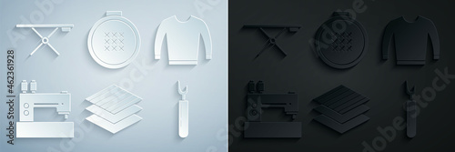 Set Textile fabric roll, Sweater, Sewing machine, Cutter tool, Round adjustable embroidery hoop and Ironing board icon. Vector