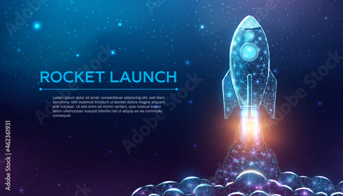 Rocket launch, wireframe polygonal style. Internet technology network, business startup concept with glowing low poly rocket. Futuristic modern abstract background. Vector illustration.