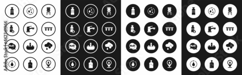Set Water cooler, tap, Bottle of water, filter, Recycle clean aqua, Cloud with rain and Chemical formula for H2O icon. Vector