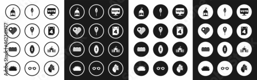 Set Vote, Balloons, USA Independence day, White House, Calendar with date July 4, Indian feather, United States Capitol Congress and Sandwich icon. Vector