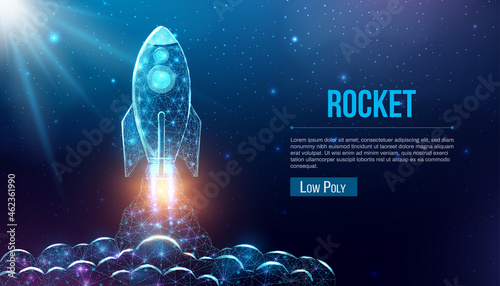 Rocket launch, wireframe polygonal style. Internet technology network, business startup concept with glowing low poly rocket. Futuristic modern abstract background. Vector illustration.