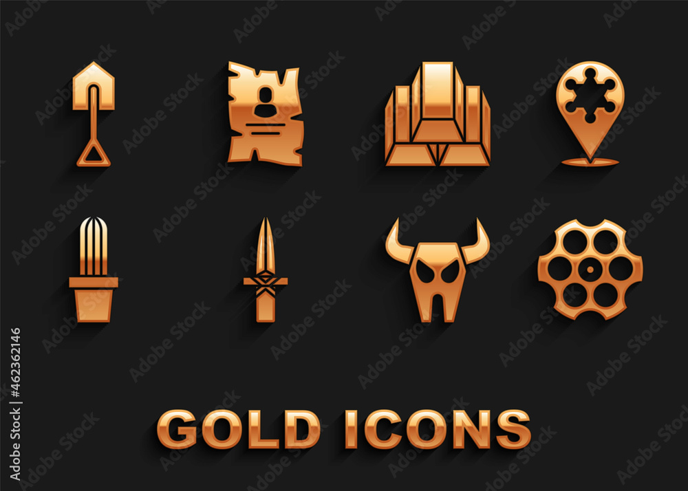 Set Dagger, Hexagram sheriff, Revolver cylinder, Buffalo skull, Cactus peyote pot, Gold bars, Shovel and Wanted western poster icon. Vector Set Dagger, Hexagram sheriff, Revolver cylinder, Buffalo skull, Cactus peyote pot, Gold bars, Shovel and Wanted western poster icon. Vector