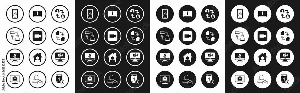 Set Project team base, Camera, Online working, Video camera Off on mobile, chat conference, computer and Mute microphone icon. Vector Set Project team base, Camera, Online working, Video camera Off on mobile, chat conference, computer and Mute microphone icon. Vector