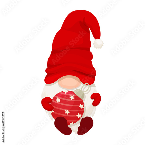 Cute Christmas gnome, elf in red hat in cartoon style, New year greeting character isolated on white background. Traditional funny fairy with beard.