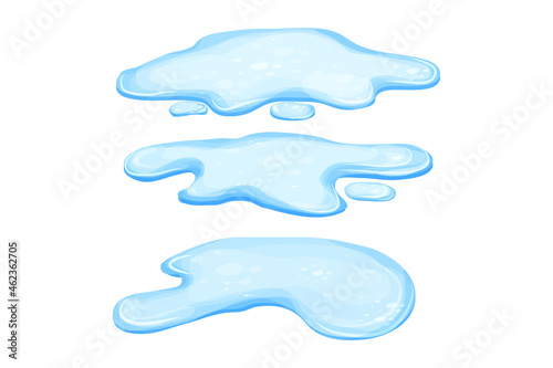 Set Water puddle in cartoon style isolated on white background. Spill, lake or liquid. Design element. Seasonal object.